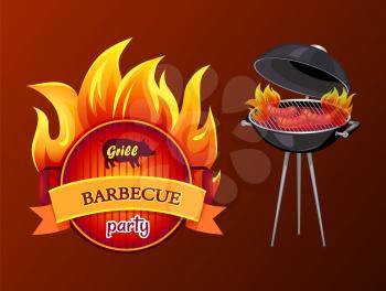 Grill party barbecue and roaster with grill grid and sausages on fire. Frying pan with fire and text isolated icon vector. Brazier with frankfurters