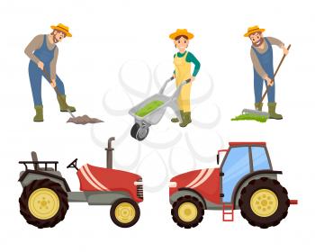 Farmer and agricultural machinery, equipment vector banner. People working on farm with wheelbarrow, rake and shovel, small compact and big tractors