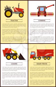 Agricultural machinery set cartoon vector banner. Combine with wide reaper and small compact tractor, loader and grain truck, farming technique poster