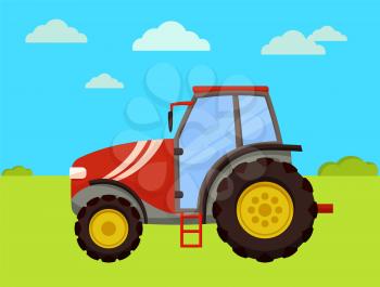 Tractor machinery of farm on field. Machine used in farming and husbandry. Agro automobile with big wheels driving on land with green grass vector