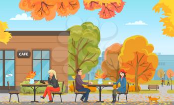 Cafe with tables and people, customers drinking coffee or warm tea. Clients male and female with cup, person reading menu ready to make order vector