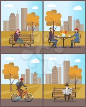 Autumn city park autumnal town and people vector. Elderly man reading newspaper, woman with smartphone. Boy riding bicycle and couple sitting by table
