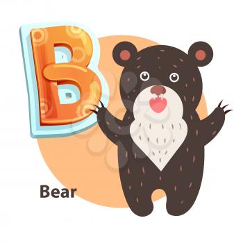 Bear word for B letter or sound spelling and remembering. Children vector alphabet flashcard isolated with cartoon character roaring taliped beary.