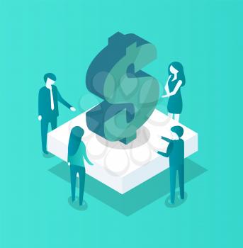 Blockchain meeting of people standing by table with big logo of American dollar sign. Isolated isometric icon 3d of cryptocurrency seminar vector