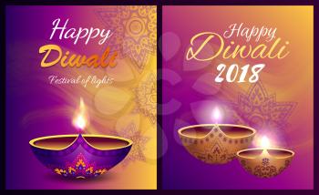 Happy Diwali festival of lights with beautiful candles decorated with patterns and mandalas. Vector illustration with congratulations holiday poster