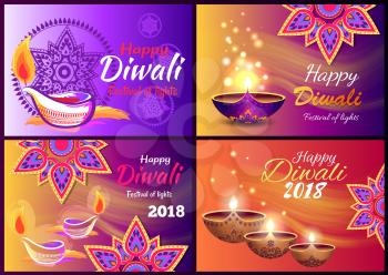 Diwali sale set of posters with title written in frame, colorful images with icons of traditional ornaments and fires vector illustration