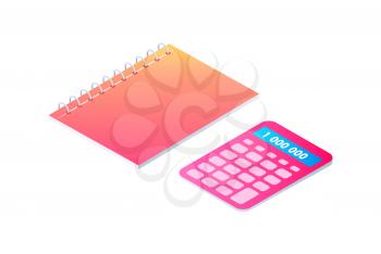 Notebook on spring and calculator isolated set vector cartoon banner. Neon spiral notepad, paper for writing and calculating tool, 3d isometric style