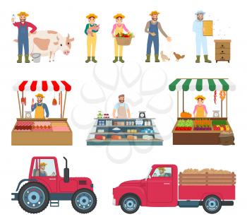 Farmers working and selling grown vegetables and produced dairy,  products. Isolated icons vector, pickup with trailer transporting products on market