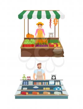 Trade of woman and man set of isolated icons vector. Seller with peppers, cabbage and cucumber, pumpkin and tomatoes. Man and diary milk products