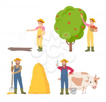 Farmer sowing seeds icons set vector. Hay bale and man holding hayfork, harvesting and breeding of animals. Cow giving milk dairy,  products in package