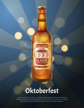 Oktoberfest poster with realistic bottle of beer vector on background of sparkles. Brown glass container with light alcohol drink with rays and dots