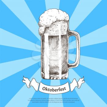 Big beer quencher in glass mug with foam. Vector illustration in sketch style on radiant backdrop in traditional Oktoberfest color with text sample.