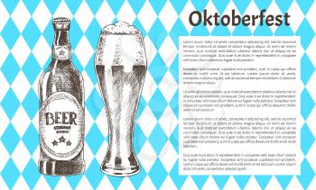 Oktoberfest beer objects set hand drawn icons. Full tumbler with flowing foam and closed bottle on blue and white rhombuses vintage vector template