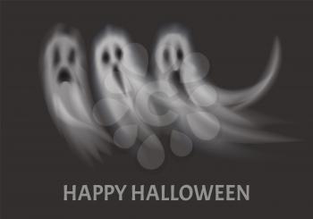 Happy Halloween holiday apparitions set poster with text vector. Ghosts with spooky faces and expressions. Horror and haunting creatures greeting