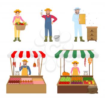 Sellers and farmers isolated icons set. Woman with harvesting basket, man and milk product, beekeeper and honeycomb. Vendors at marketplace vector