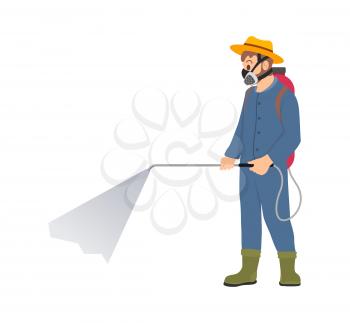Farmer spraying chemicals vector icon isolated character. Man in protective suit and respirator splashing pesticide from cylinder with hose on shoulders