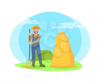 Farmer raking hay in sheaf cartoon icon isolated on landscape. Smiling happy bearded man in hat, uniform and boots standing with pitchfork vector