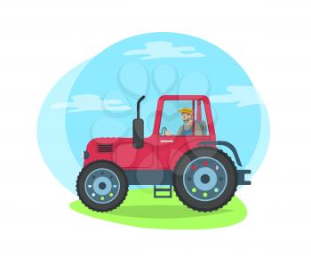 Tractor riding on green grass road. Agricultural machine vehicle for transportation of goods and cultivation. Husbandry farming lands isolated vector