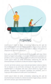 Fishing man in motorboat poster. Sitting in ship guy with rod or tackle waiting for fish rise. Outdoor hobby angling on river or lake from powerboat.
