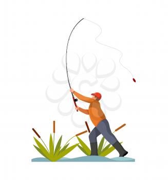Man throwing road color banner isolated on white vector illustration of professional fisherman in fishing process, abstract pond with green reeds