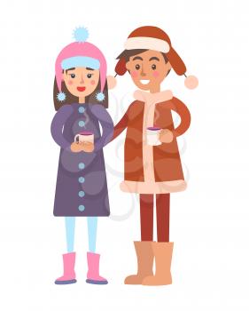 Girl near boy wear warm winter cloth with cups of hot tea or coffee drinks isolated vector illustration. People in long coats, high boots and hats.