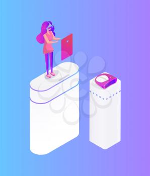 Girl play video game in glasses virtual reality cartoon vector banner. Teenager wearing headpiece standing on column in front of screen, 3d isometric