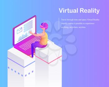 Virtual reality games advertising cartoon vector card. Boy sitting on column in special glasses in front of laptop, text advert sample, 3d isometric
