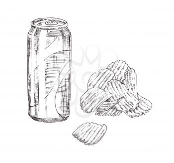 Fast food icons set in sketch style. Crispy wavy potato chips and soda can monochrome hand drawn illustration isolated on white. Concept for snackbar.