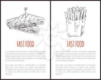 Fast food French fries and sandwich monochrome sketches outline. Ham and cheese in roasted bread fried potatoes in package takeaway salty meal vector