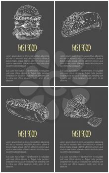Fast food poster with hamburger or cheeseburger, mexican taco and burrito takeaway, potato chips sketches. Hand-drawn foodstuff with text sample.