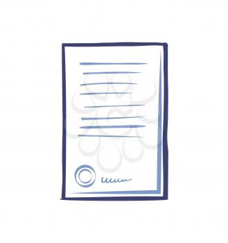 Signed contract with text, stamp and signature vector icon isolated. Commercial documentation template, web appliance letter sample, line art style