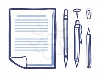 Office sheet of paper, document page icons set monochrome sketch vector. Pen and pencil for writing and assigning documentations. Clip and eraser