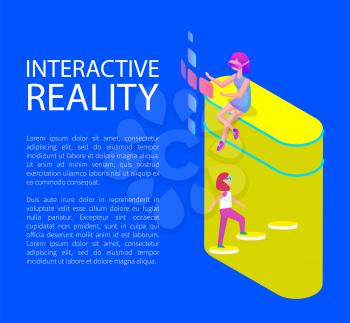 Interactive virtual reality in cartoon style vector banner. Girls in special glasses sitting and looking through pages projection and walking upstairs