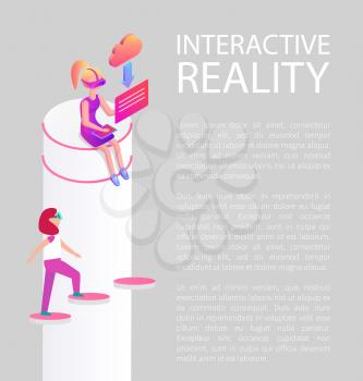 Interactive reality, virtual vision and usage of futuristic devices. Woman walking up steps, lady downloading files on laptop. Poster with text vector