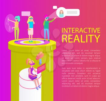 Interactive reality artificial items creating hologram. People wearing vr goggles spectacles, laptops phone talks with innovative technologies vector