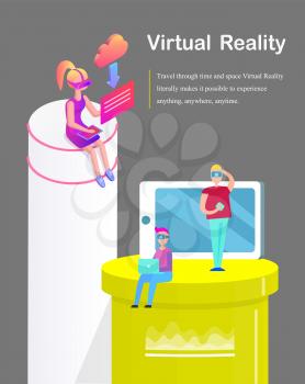 Virtual reality, poster with text sample and big mobile phone. Person wearing vr spectacles and holding gamepad in hands. Woman using laptop vector