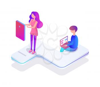 Virtual reality gadgets and new innovative technologies set. Woman with big screen and prints, male using laptops, chatting and receive messages vector