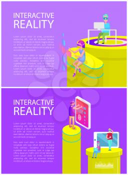 Interactive reality set of posters with text sample. People on tubes using laptops and big touch screens. Man wearing vr spectacles by table vector