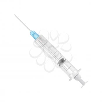 Syringe for people injections, medical instrument with long sharp metallic needle and container for curing liquid isolated on vector illustration