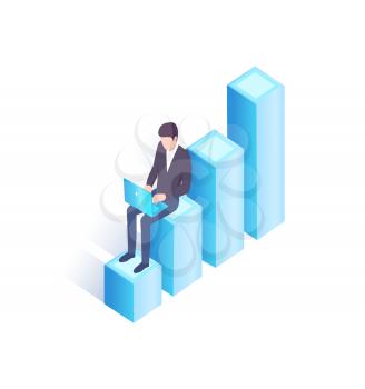 Man typing on laptop sitting on platform with raising stairs 3D isometric icon. Male working on notebook, vector illustration of freelancer isolated