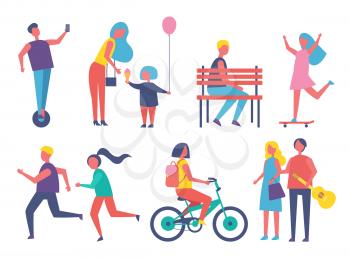 People entertaining in park cartoon isolated vector banner. Children running playing games, riding bike skateboard and unicycle, ice cream and balloon