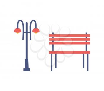 Street light and bench cartoon badges vector isolated icons. Two lamps on metal column with curls and settle with wooden board and metallic legs.