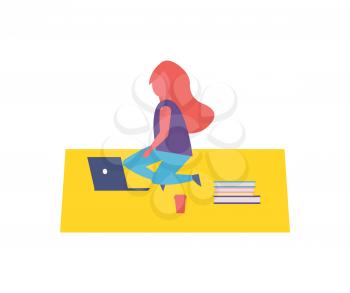 Girl having rest in park sitting on rug cartoon vector icon. Lady silhouette with laptop, paper cup of coffee, pile of books, studying and relaxing