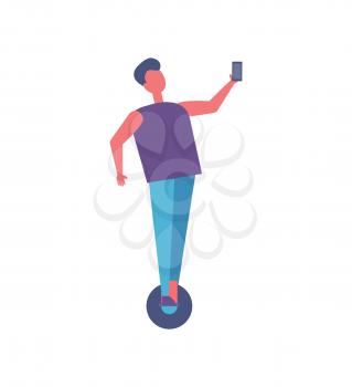 Boy riding on unicycle in park isolated cartoon vector character on segway. Guy in casual clothes on single-wheeled toy, taking selfie picture on phone