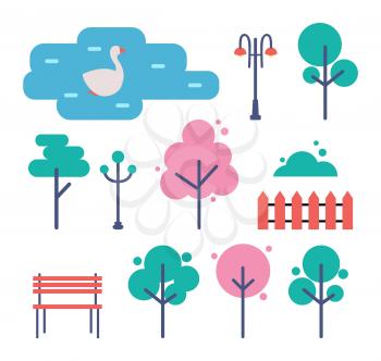 Empty park with trees, bench and street light cartoon vector set. Wooden bank and fence and green plants, bush and shrub, swan swimming in pond icons