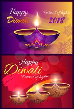 Happy Diwali festival of lights with beautiful candle decorated with patterns and mandalas. Vector illustration with congratulations banners set