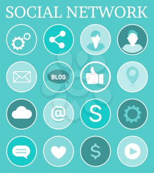Social network networking isolated icons set with people and signs. Thumb up, gears tools, message and heart, dollar American money currency vector
