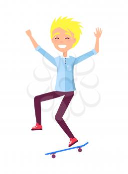 Skateboarder smiling blond boy, person practicing skateboarding hobby, happy emotions of skater merrily jumping vector illustration isolated on white