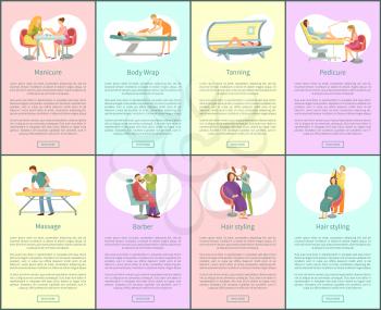 Pedicure and manicure, tanning and massage on back, barber for men beard. Posters set with text chocolate body spa procedure by specialist vector