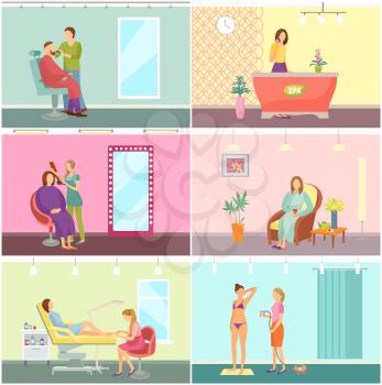 Barber and hairdressing, massage and resting room with equipment, clients and workers. Beauty salon and spa center interior cartoon set vector posters